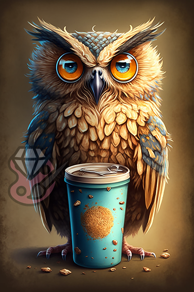 Uil met beker koffie