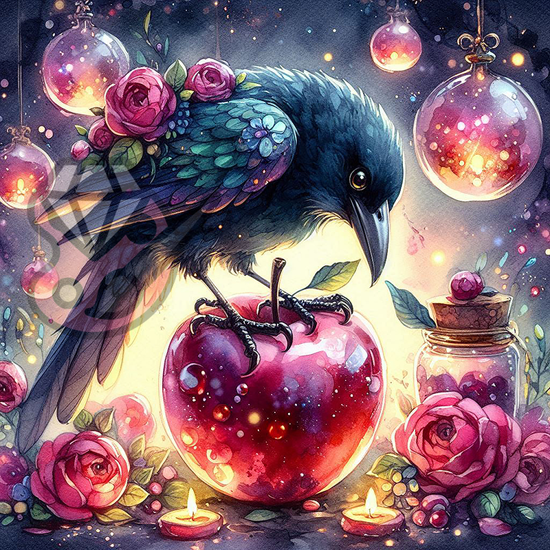 Rabe auf Apfel
