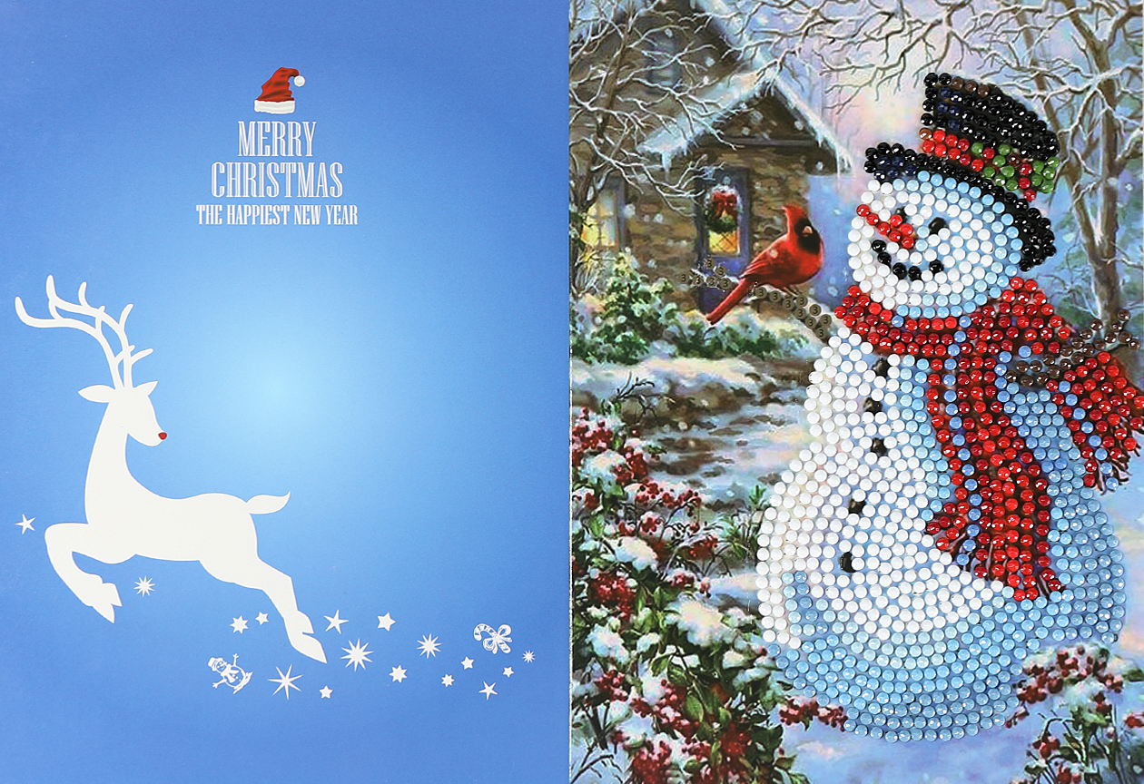 Kerstkaart Sneeuwpop met vogel