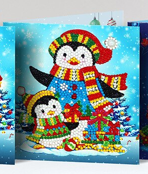 Kerstkaart Pinguins met cadeaus