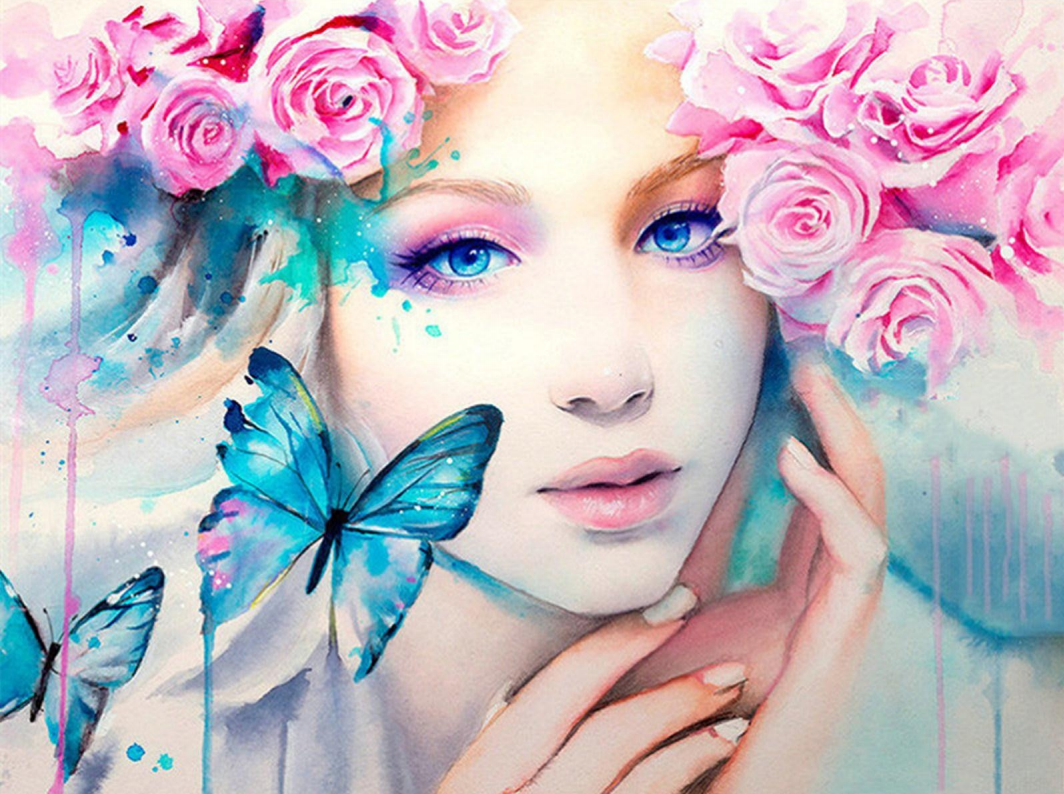 Meisje met rozen en vlinders